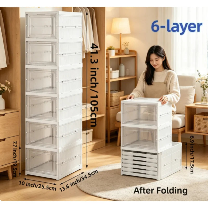 6 Layers Foldable Transparent Shoe Box Stackable Dustproof High Top Sneaker Storage Organizer for Home Closet