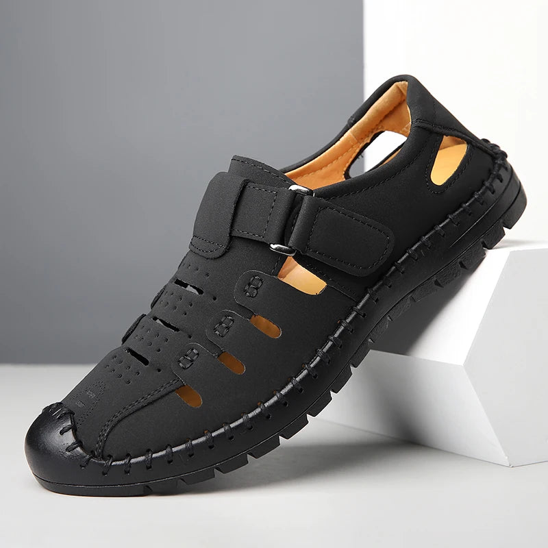 Men's Summer Hollow out Comfortable Breathable Slip-On Leather Shoes Anti-Slip Soft Bottom Outdoor Casual Loafers-1375