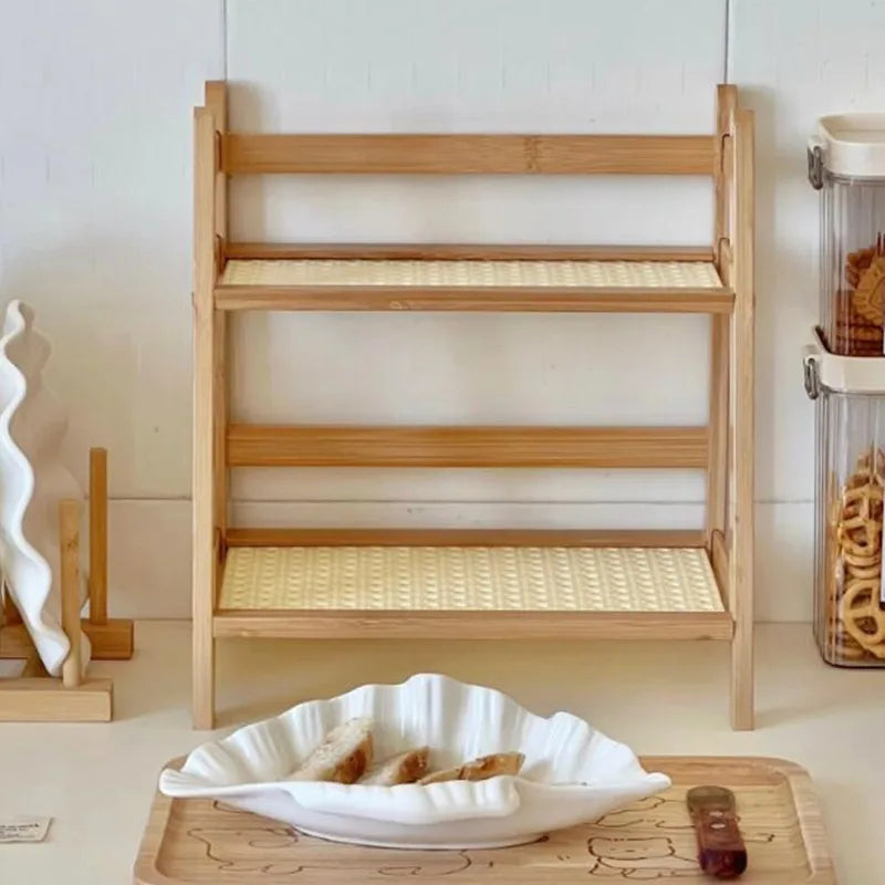 Double-layer Bamboo Storage Rack Desktop Organizer Multi-functional Miscellaneous Shelf Home Kitchen Bedroom Countertop Use