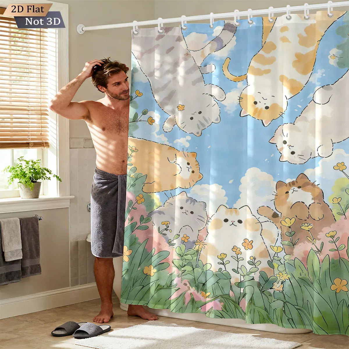 1pc Cute Cartoon Cat Printed Waterproof Shower Curtain Partition Privacy Hanging Curtain with 12 Hooks Multiple Sizes