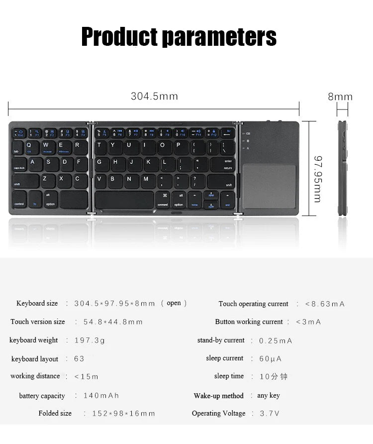 Folding Bluetooth Keyboard With Touchpad For IOS Android Windows Office Mini Wireless Keyboard Storage Three Systems Universal