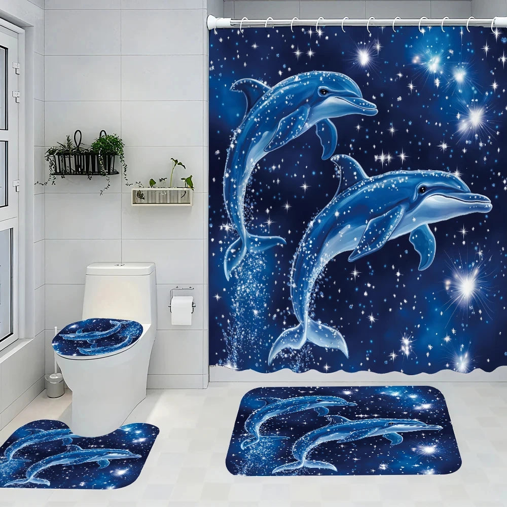 Dolphin Bathroom Four-piece Set - Avant-garde Waterproof Shower Curtain, creating a complete bathroom suite