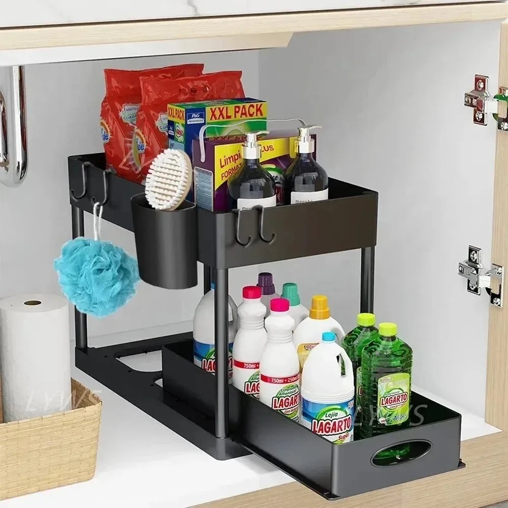 2-Tier Pull Out Under Sink Organizer, Storage Rack with Hooks & Cups, Space Saving Slide-Out Shelf for Kitchen Bathroom Cabinet
