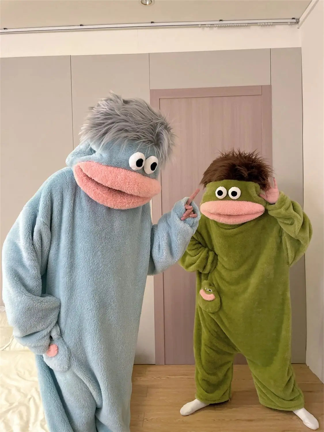 Cartoon Pajamas Autumn Winter Couple Set Wacky Bodysuit Have Hair Big Mouth Monster Hooded Homewear Girl Cute Keep Warm Pajamas