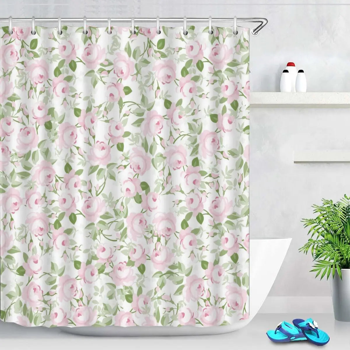 Pink Tulip Bathroom Curtain Flower Plant Shower Curtain Bathroom Polyester Waterproof Decorative Curtain with Hooks