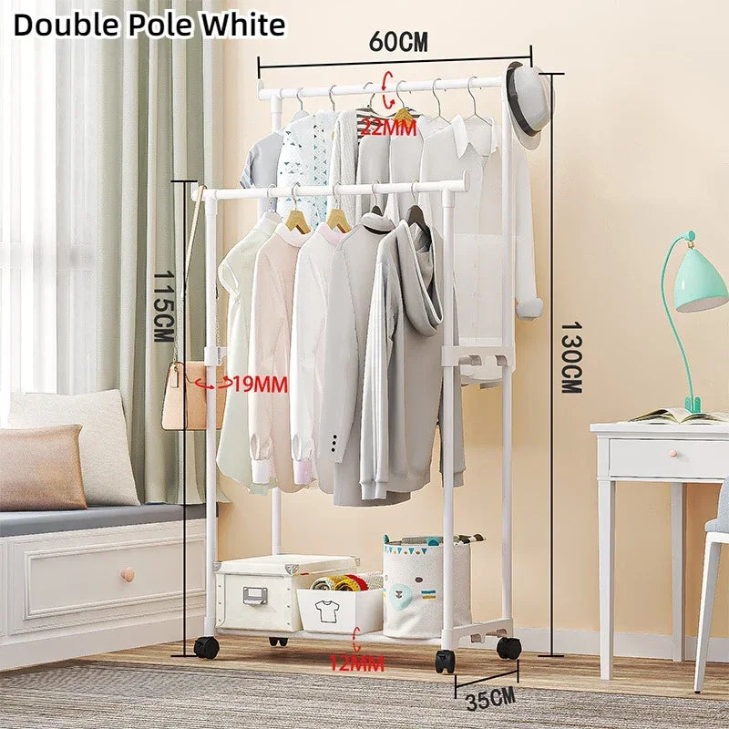 Standing Clothes Hanger Movable Simple Clothing Shelf Bedroom Storage Rack Assembled Closet Organizer Double Rod Coat Rack Floor