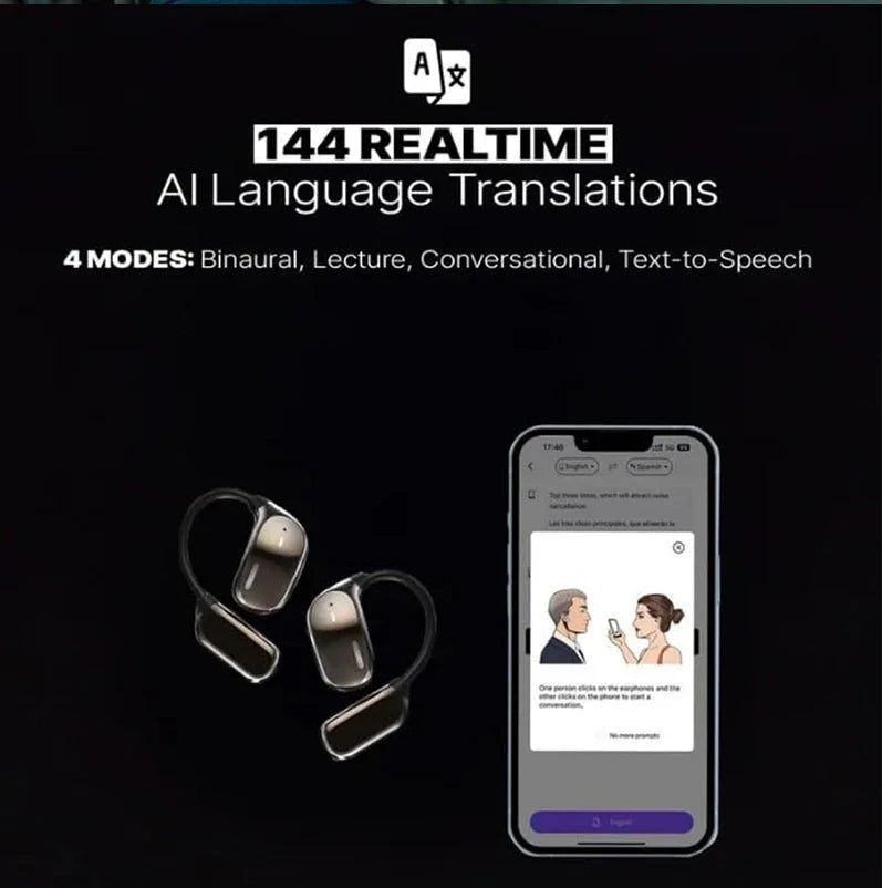 AI Language Translation Earbuds Real Time LCD Touch Screen Open Ear Wireless Headphone with 144 Language for Business