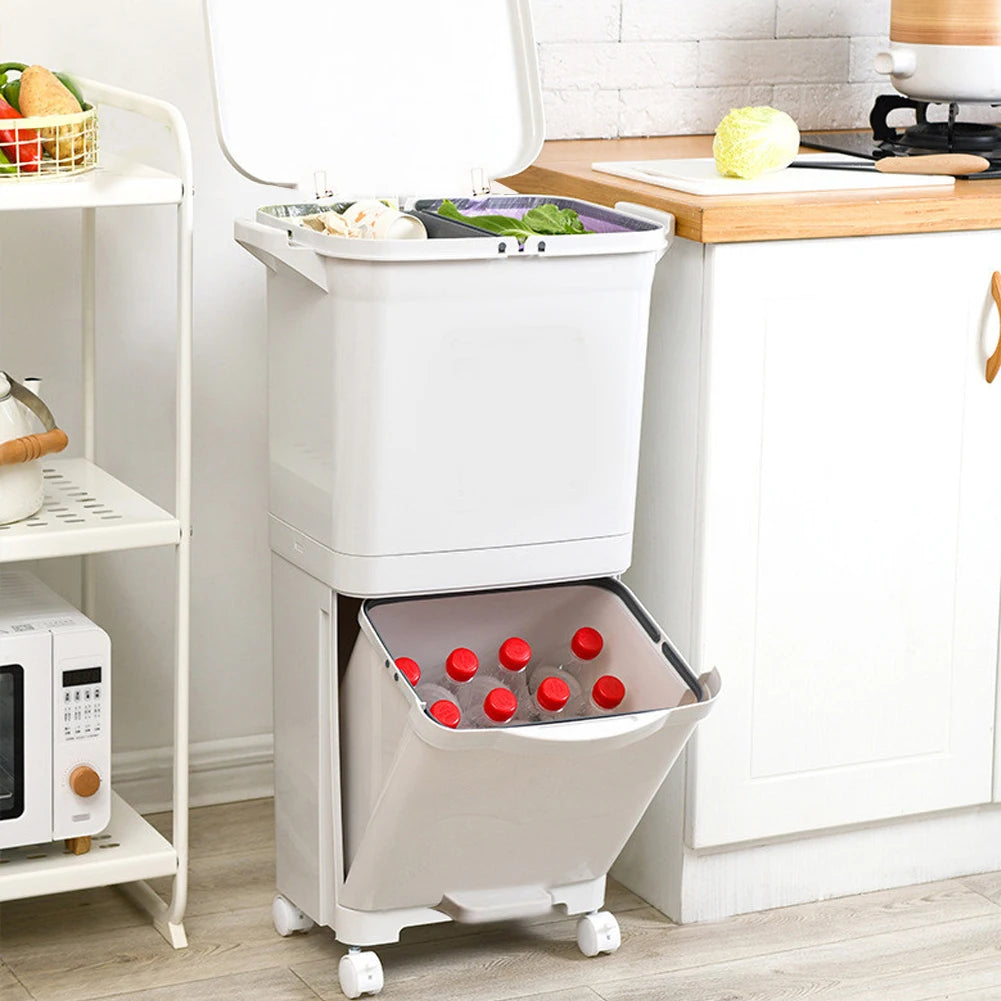 Voltsify 38L Double Compartment Trash Can with 4 Casters, White 2-Tier Design Waste Bin for Kitchen, 42x28.2x73cm