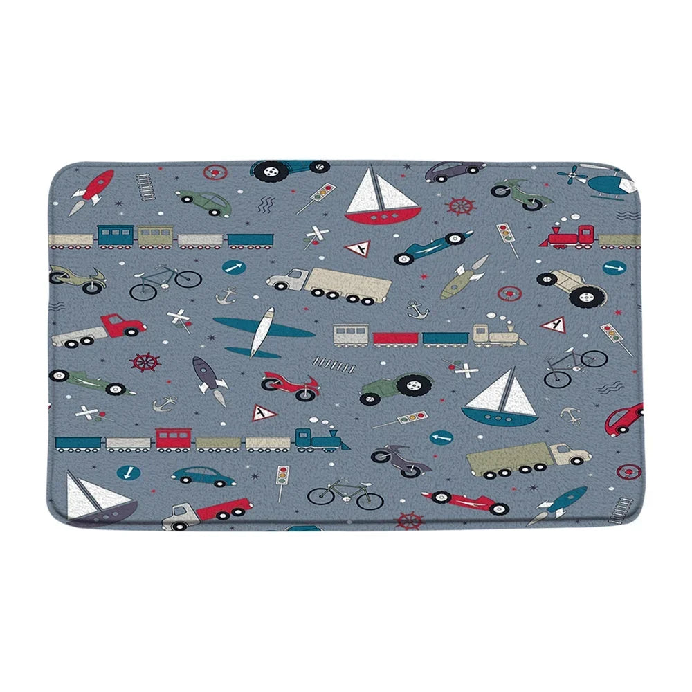 Cartoon Car Bathroom Decor Set Teens Transportation Car Shower Curtain for Kid Boy Girl Truck Bus Taxi Bath Mat Rug Toilet Cover
