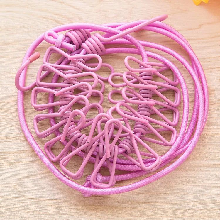 1pc Portable Clothesline With 12 Clips Polychrome Outdoor No Punching Required Travel Camp Retractable Clothes Rope Drying Rack