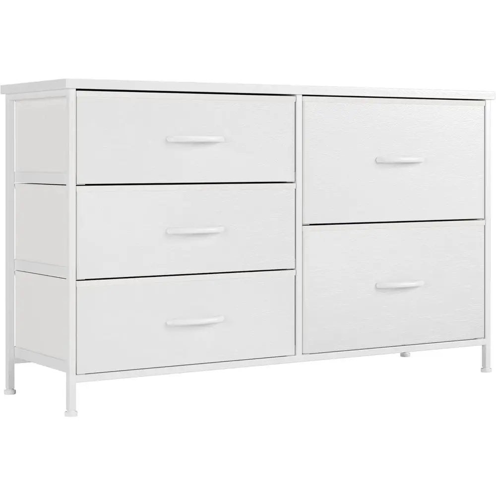 5 Drawer Bedroom Chest with Storage, Wooden Top, Steel Handles, White, 30 x 100 x 61