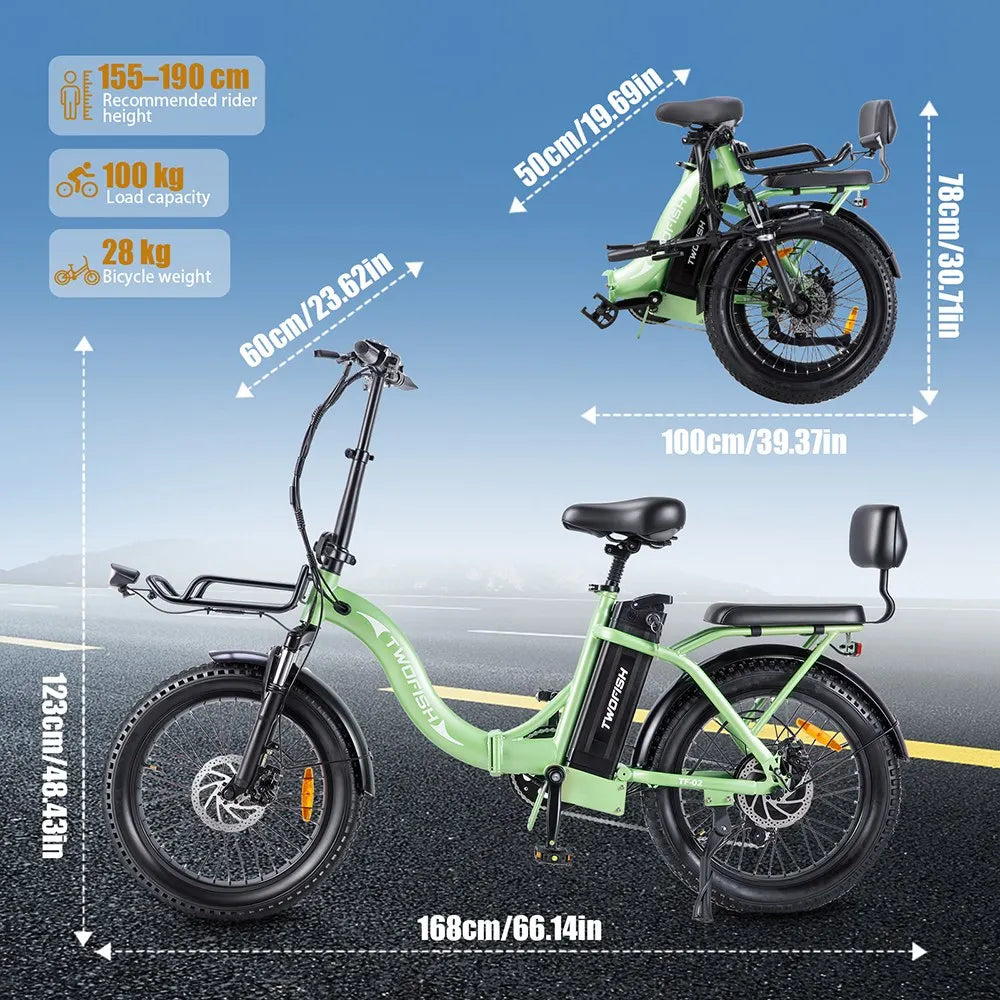 UK Stock TWOFISH TF02 E-Bike: 250W, 36V 17.8Ah, 20"x4" Tyres, 25km/h Max Speed, 100km Max Range, Disc Brakes, Front Suspension