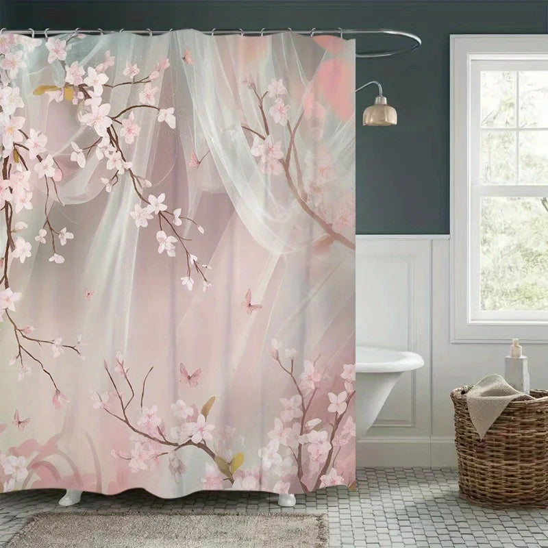 1pc Cherry Blossom and Butterfly Polyester Shower Curtain - Floral Print Bathroom Decor with Hooks, Machine Washable
