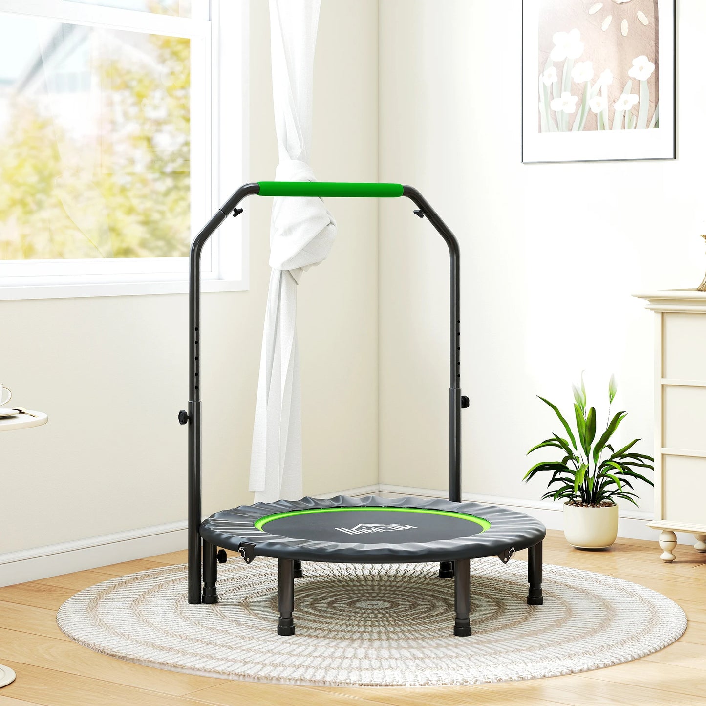 HOMCOM 40" Foldable Mini Trampoline with Adjustable Foam Handle, for Cardio Training, Green