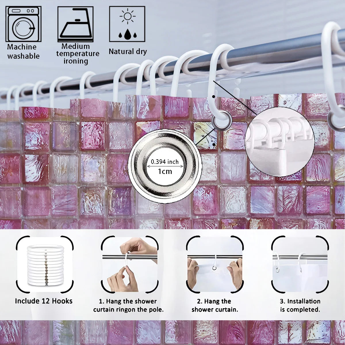 1pc pink ice block imitation simple printing waterproof partition privacy hanging curtain with 12 hooks, multiple sizes