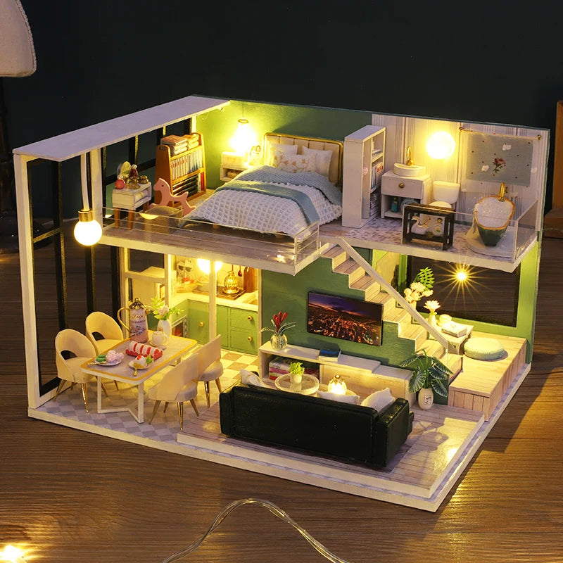 DIY Wooden Doll House Handmade Duplex Apartment Production 3D Puzzle Assembly Building Duplex Apartment Model Toy Children Gifts
