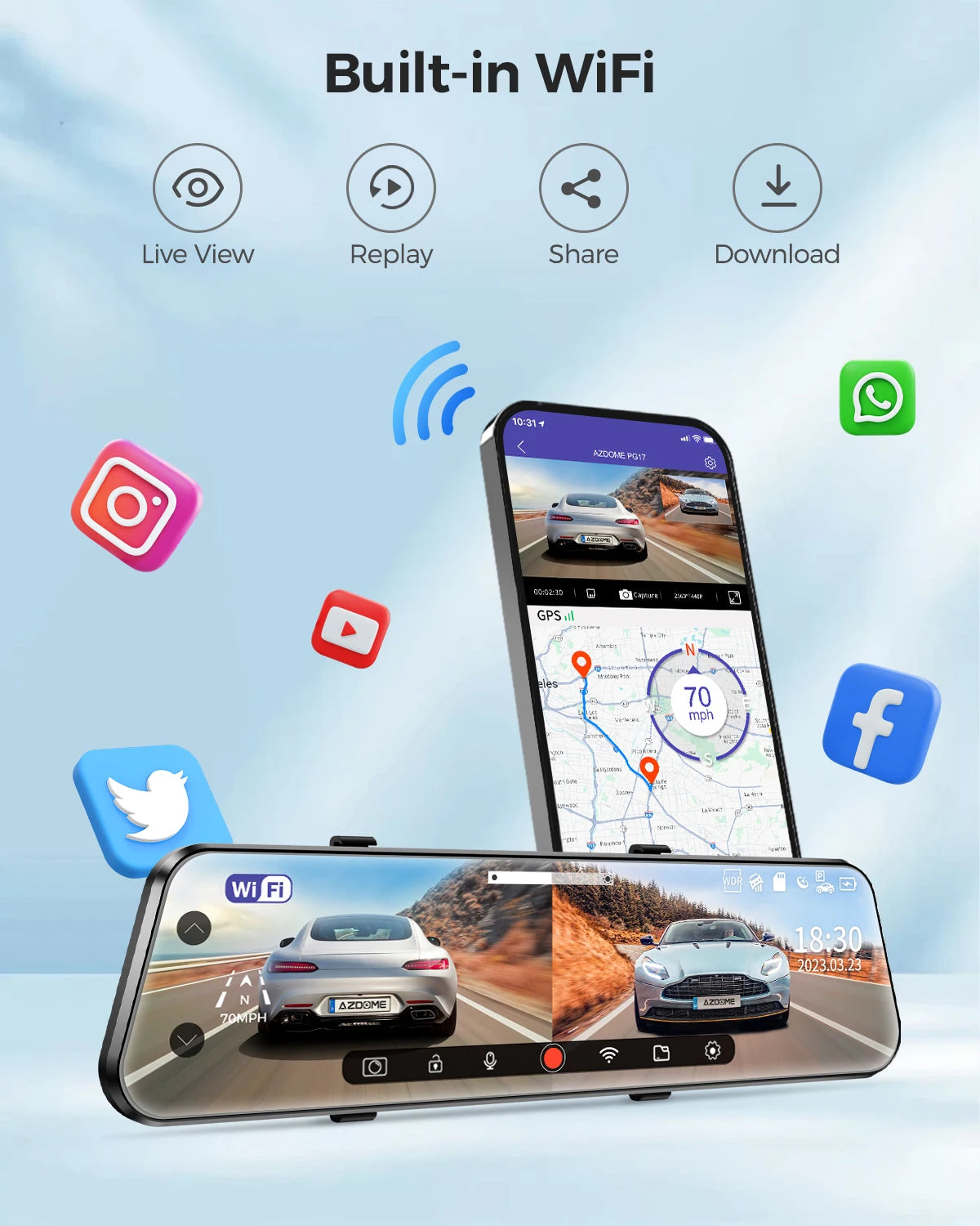 AZDOME PG17 12" WiFi Mirror Dash Cam 4K Front and 1080P Rear View Mirror Camera for Cars Dual Camera Waterproof Backup Camera