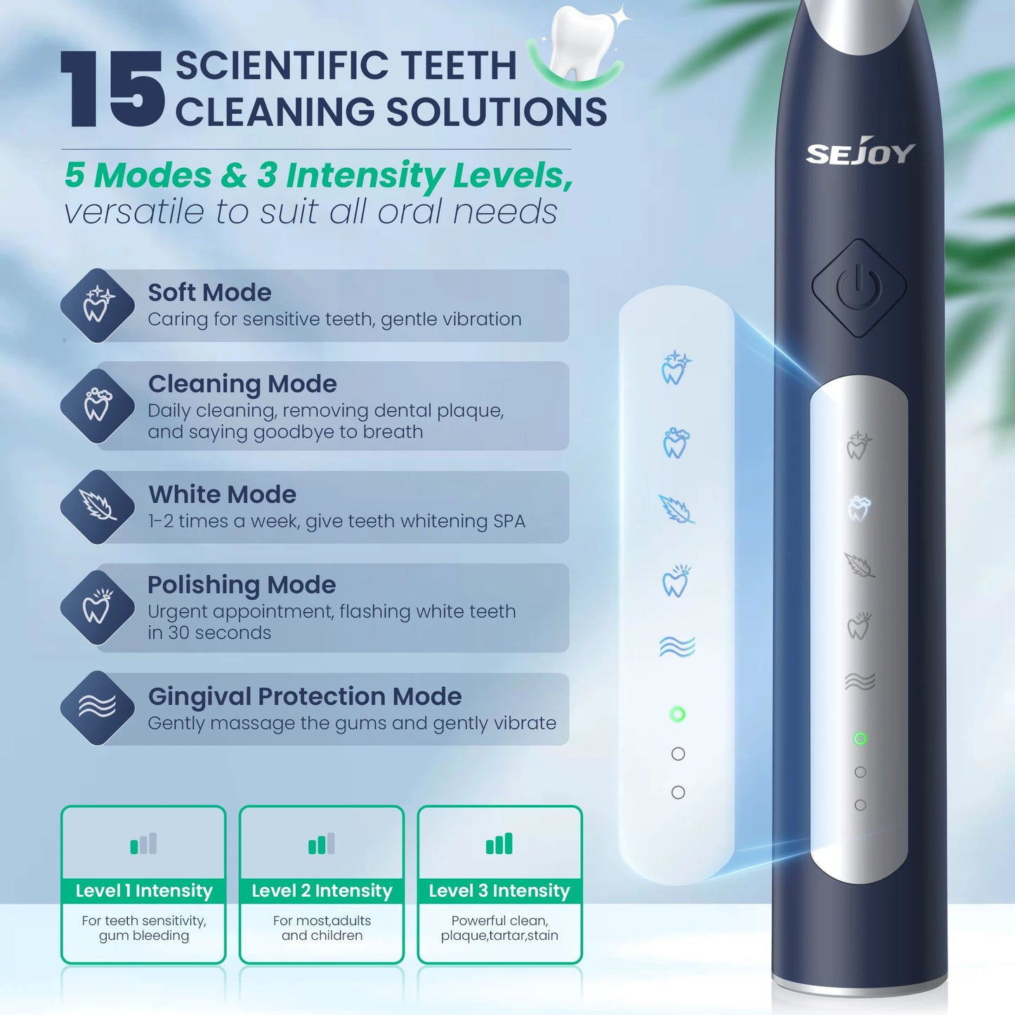 Sejoy Electric Sonic Toothbrush with 10 pcs Replacement Heads Rechargeable Waterproof Tooth Brushes for Home Travel