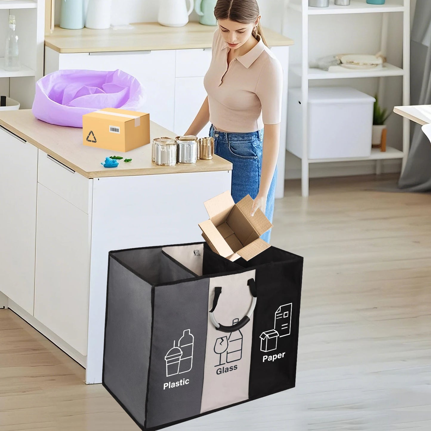 Deposit Bottle Collector Bins with 3 Compartments Recycling Bins Odor-Resistant Recycle Bin Indoor Bottle Hamper for Hom