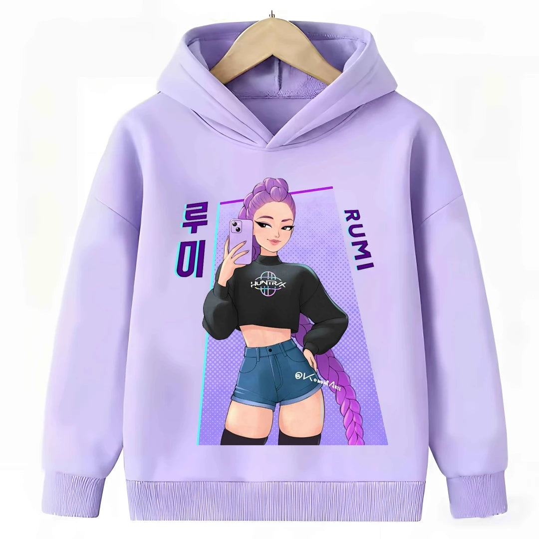 2026 New Kpop Demon Hunter Cartoon Hoodie Kids Boys Girls Purple Warm Casual Loose Sweatshirt Children Fashion Streetwear Tops