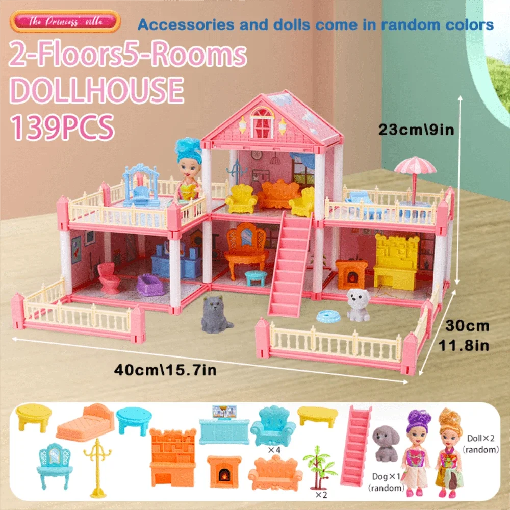 Girl Doll House Toy 3d Assembly Dollhouse Diy Mini Toy Accessories Villa Princess Pink Castle Children Pretend Birthday Gift