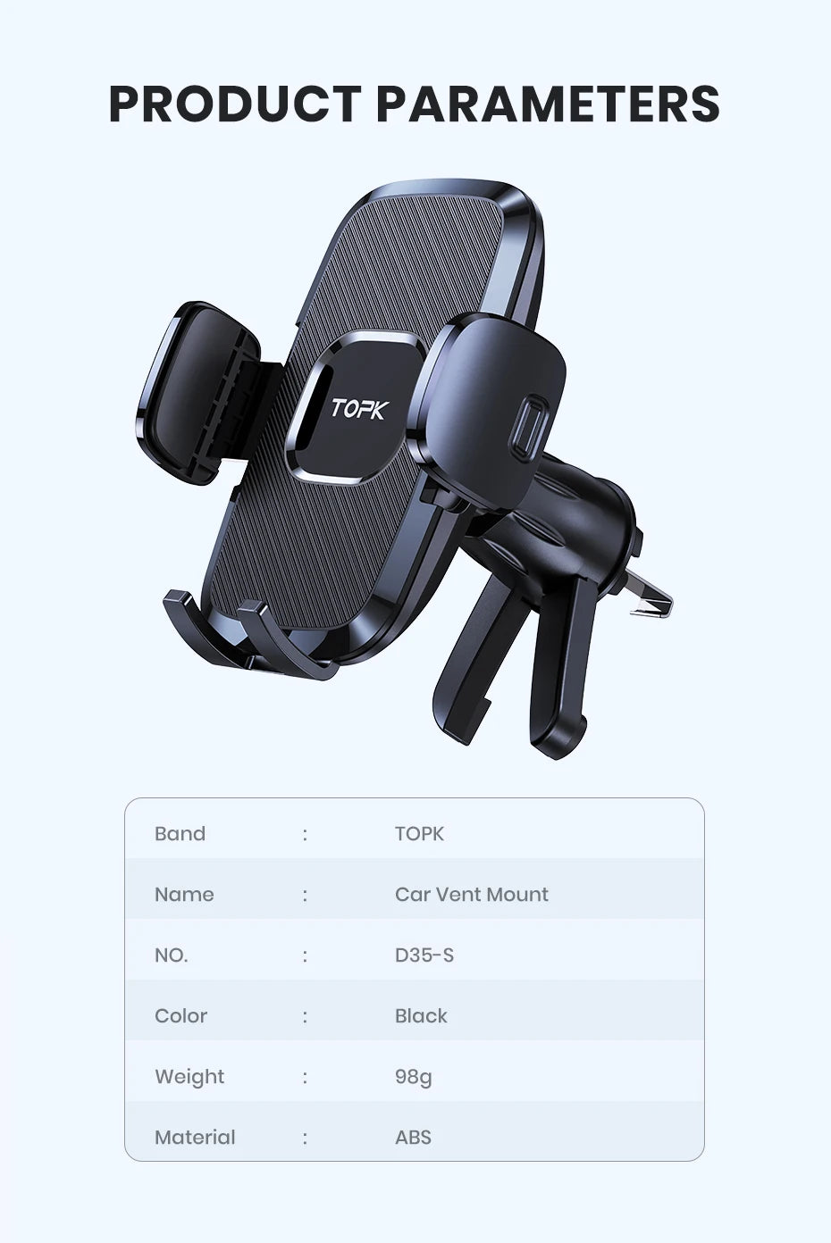 TOPK D35-S Car Phone Holder, Universal Phone Mount for Car with Hook Clip Air Vent Car Mount 360° Rotation for Mobile Phones