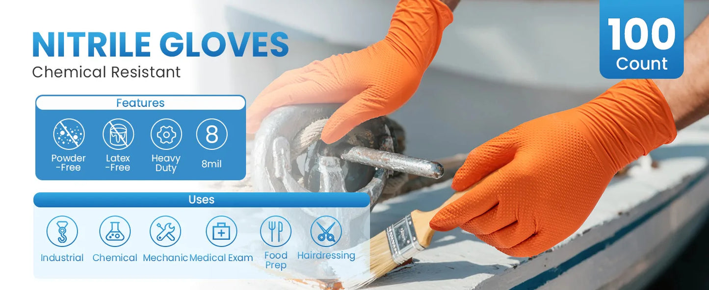 Heavy Orange Disposable Nitrile Extra Thick Gloves 8.5 Mil -Powder-Free Puncture-Resistant Protection-Diamond-Texture Work Glove