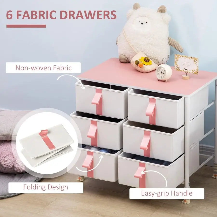 Chest of Drawers, Cloth Organizer Unit with 6 Fabric Drawers, Metal Frame and Wooden Top, Storage Cabinet for Kids Room, Living