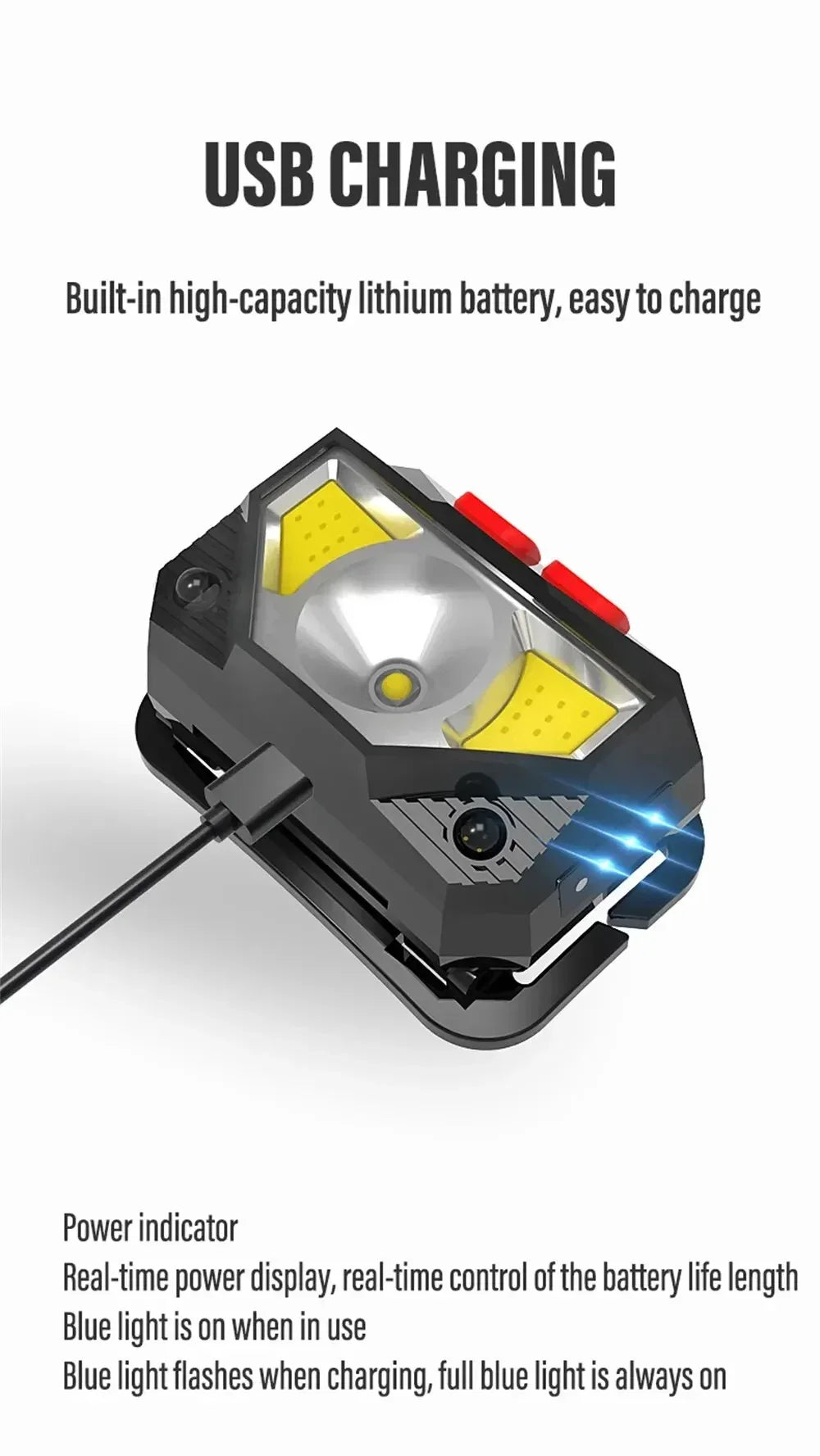 1-3PCS Rechargeable LED Headlamp Sensor Headlight With COB and LED Beads 8 Lighting Modes White and Red Light Fishing Light