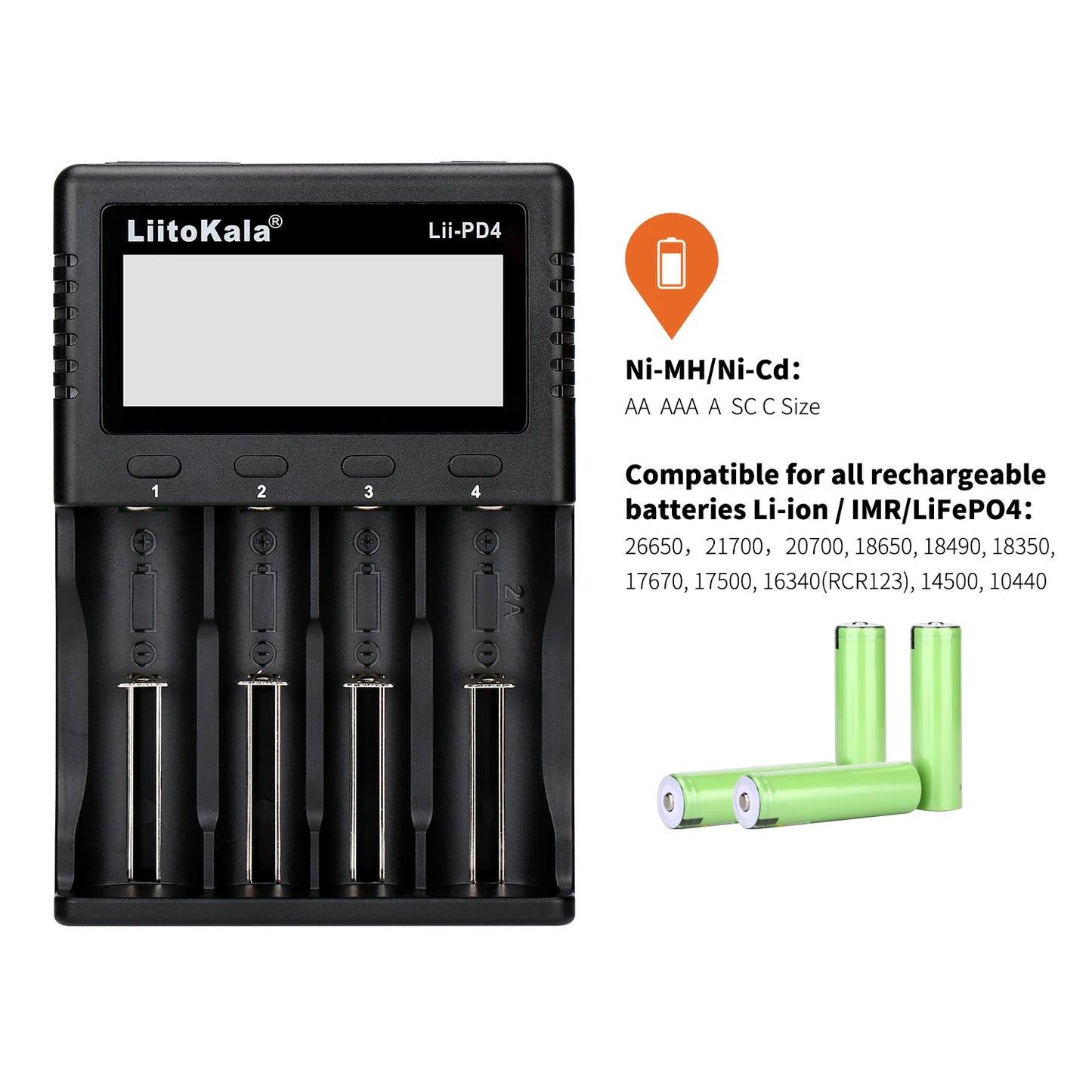 LiitoKala Lii-PD4/PD2 AC PD Charger LCD Fast Charging 4/2-Bay for 21700/18650/AA/AAA Multi-Protection Auto-Detect