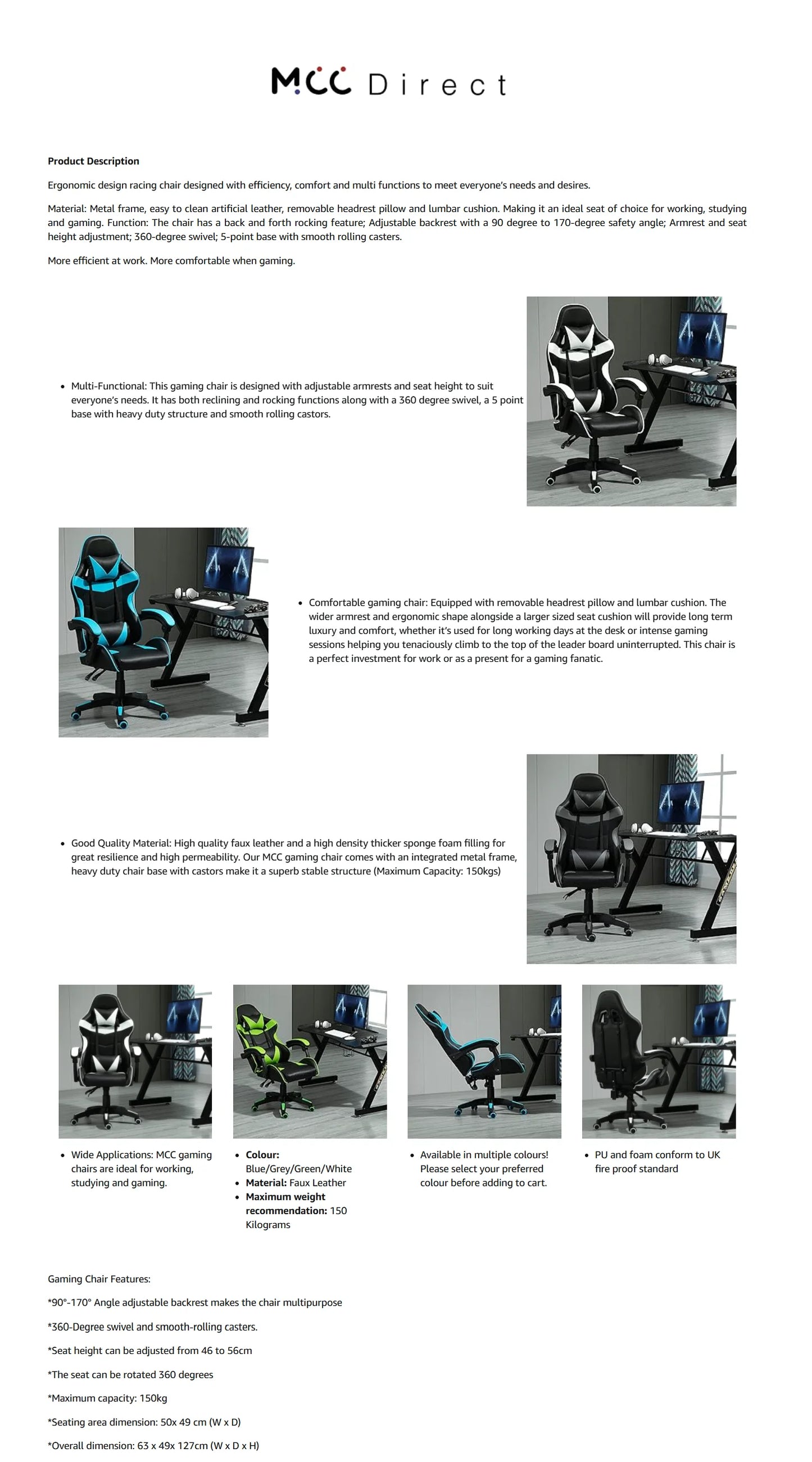 mcc direct Swivel Faux Leather Office Chair Racing Sports Gaming Tilt Computer Desk Chair with Headrest & Lumbar Cushion A
