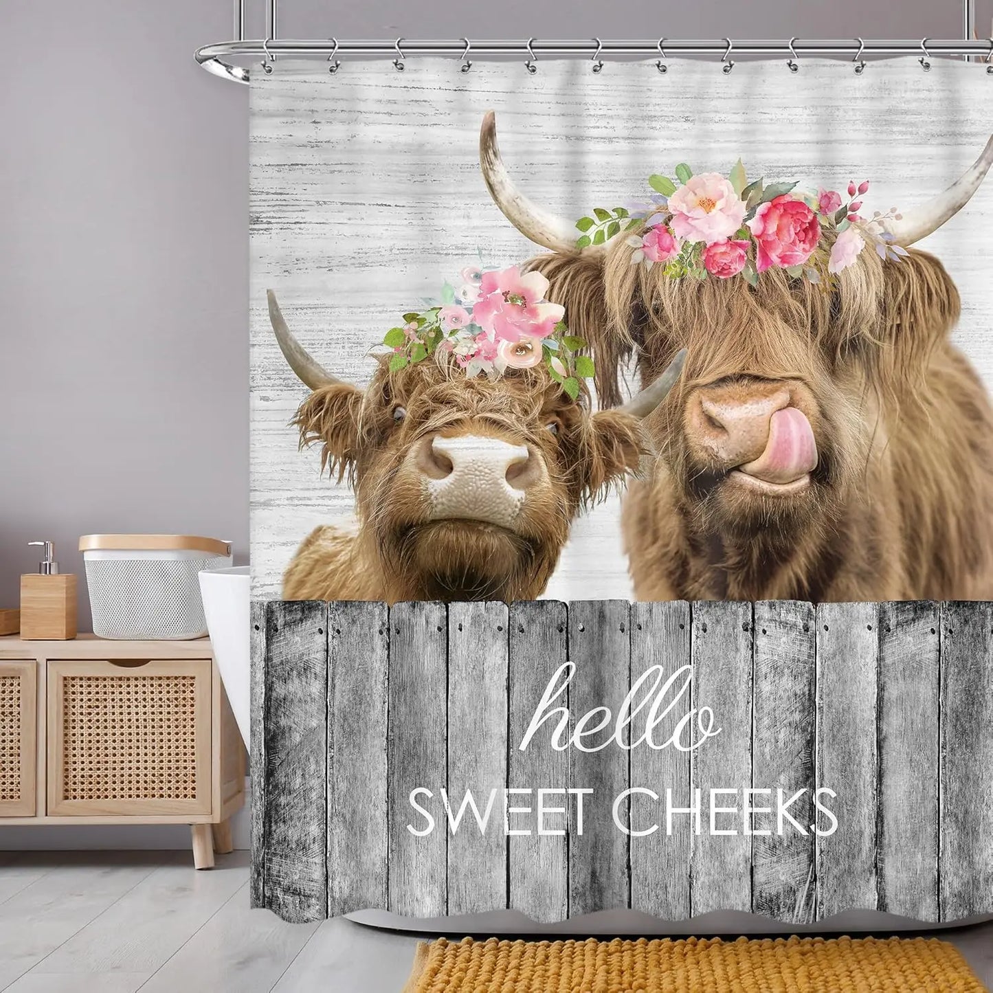 Funny Pig Shower Curtain Farmhouse Rustic Farm Animal in Bathtub Cute Western Country Shower Curtain Bathroom Set Pink Floral