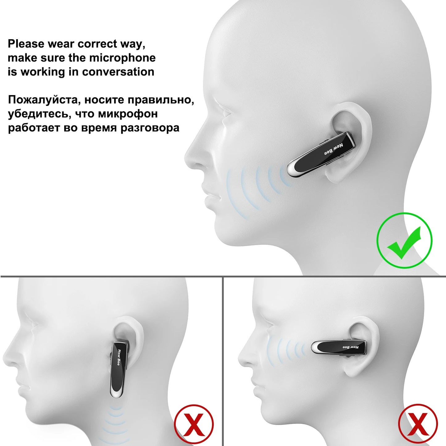 New Bee Bluetooth Headset Wireless Earphones Headphones with Mic 24Hrs Earbuds Single Earpiece Mini Handsfree for Driver Office