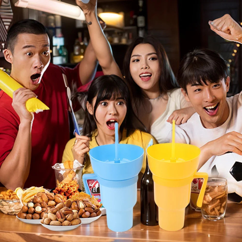 1000ml Portable Snack Container Multifunction Stadium Tumbler Popcorn Beverage Cup with Straw & Handle for Cinema Home Travel