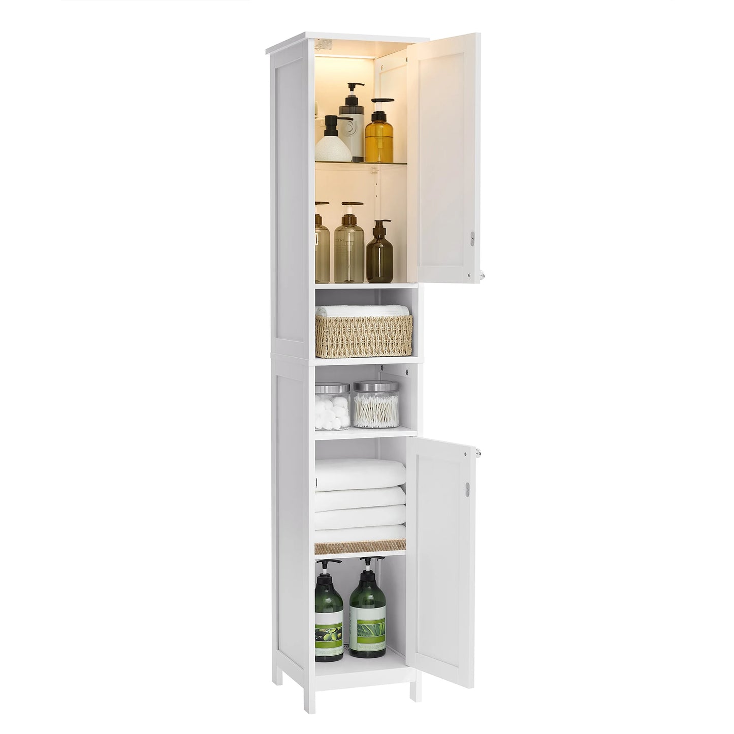 VASAGLE Tall Bathroom Cabinet with Lights, Freestanding Narrow Storage Unit with Adjustable Shelves, Open Compartments