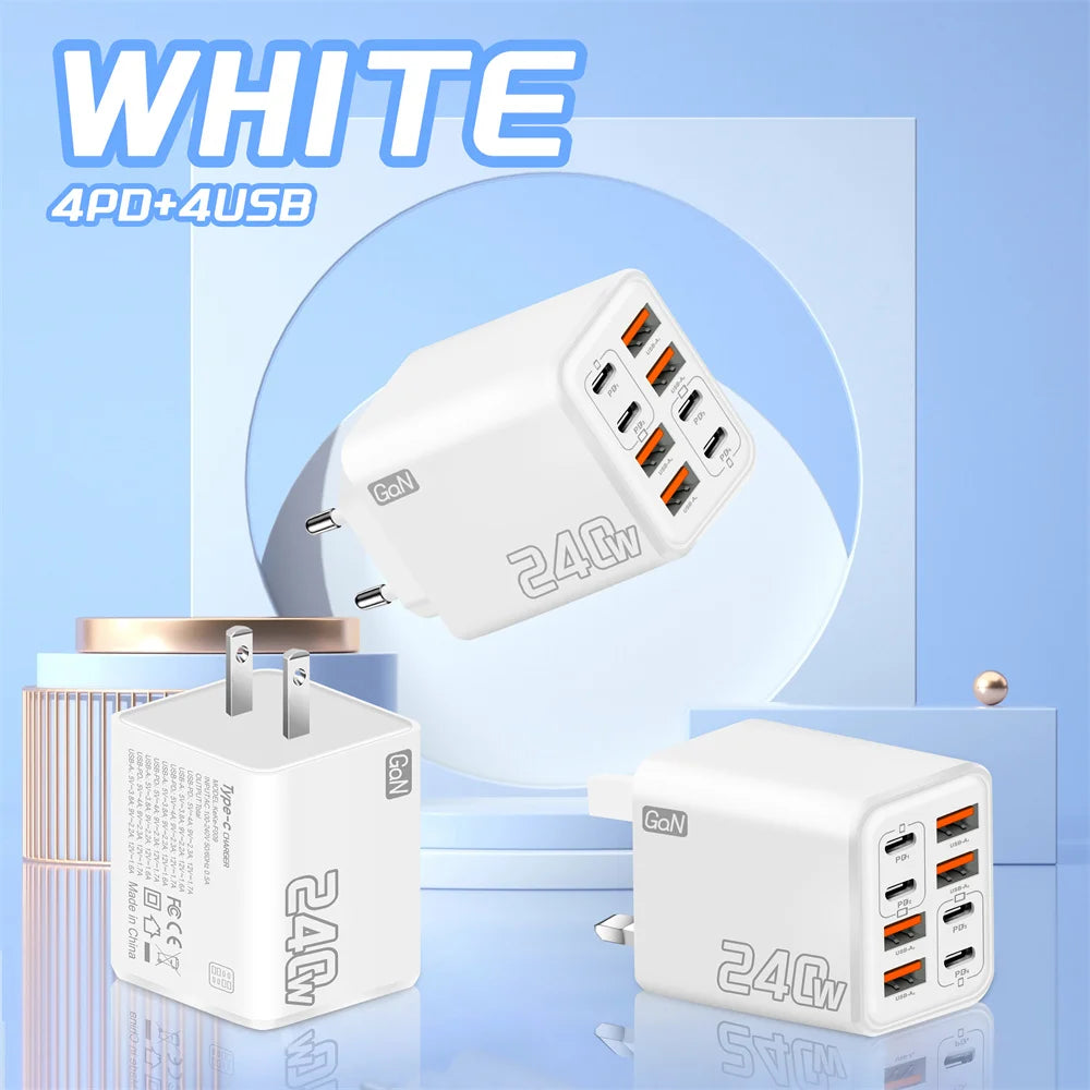 240W 8 in 1 USB C GaN Charger Fast Charging Phone Charger Power Adapter For iPhone Samsung Xiaomi EU/US/UK Plug Travel Charger