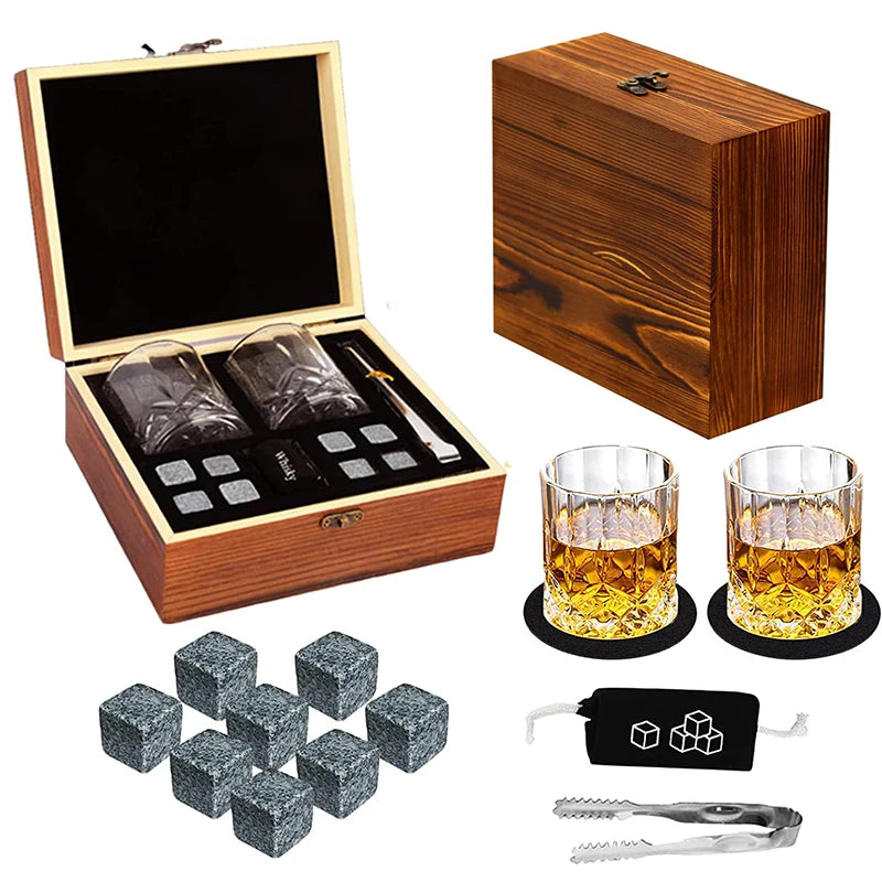 Set 8 Pcs Granite Ice Cubes+ 2 Pcs Cups For Whisky In Wooden Bottle Box Present For Dad Father'S Day Gift For Men Whiskey Stones