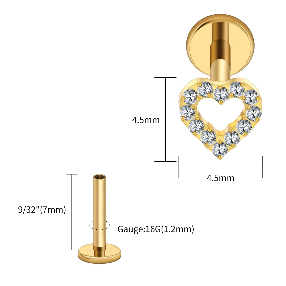 Right Grand ASTM F136 Titanium Mini Heart Cartilage Earring 16G Dainty Flat Back Labret Stud Tragus Helix Piercing Jewelry