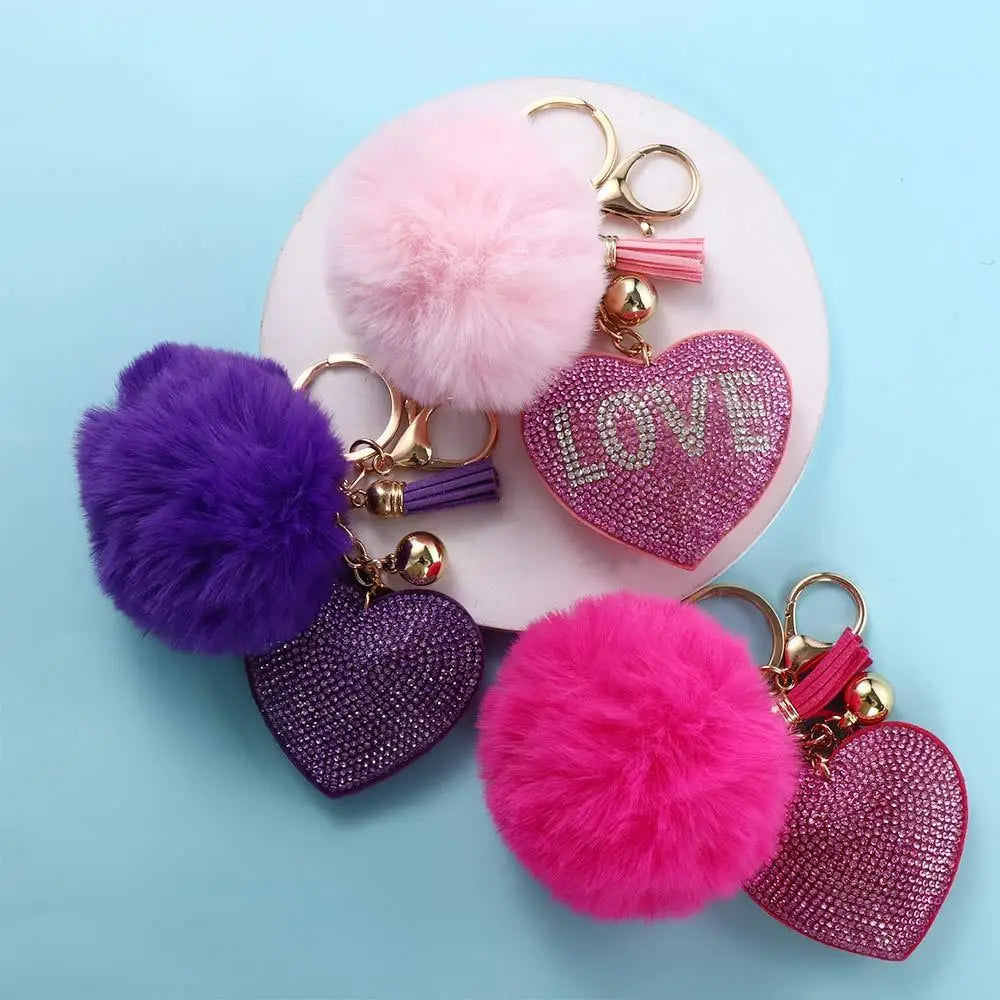 Fashion for Women's Bags Girls Ornaments Packaging Decoration Pompom Keychains Rhinestone Heart Bag Pendant Rhinestone Keyrings