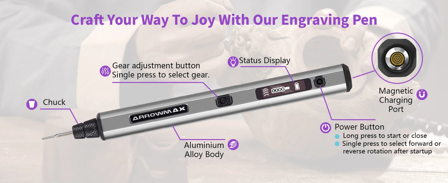 ARROWMAX SGS Engraving Pen Cordless Rotary Tool Kit Electric Mini Grinder with 42 Bits for Crafts Metal Wood Glass Carving