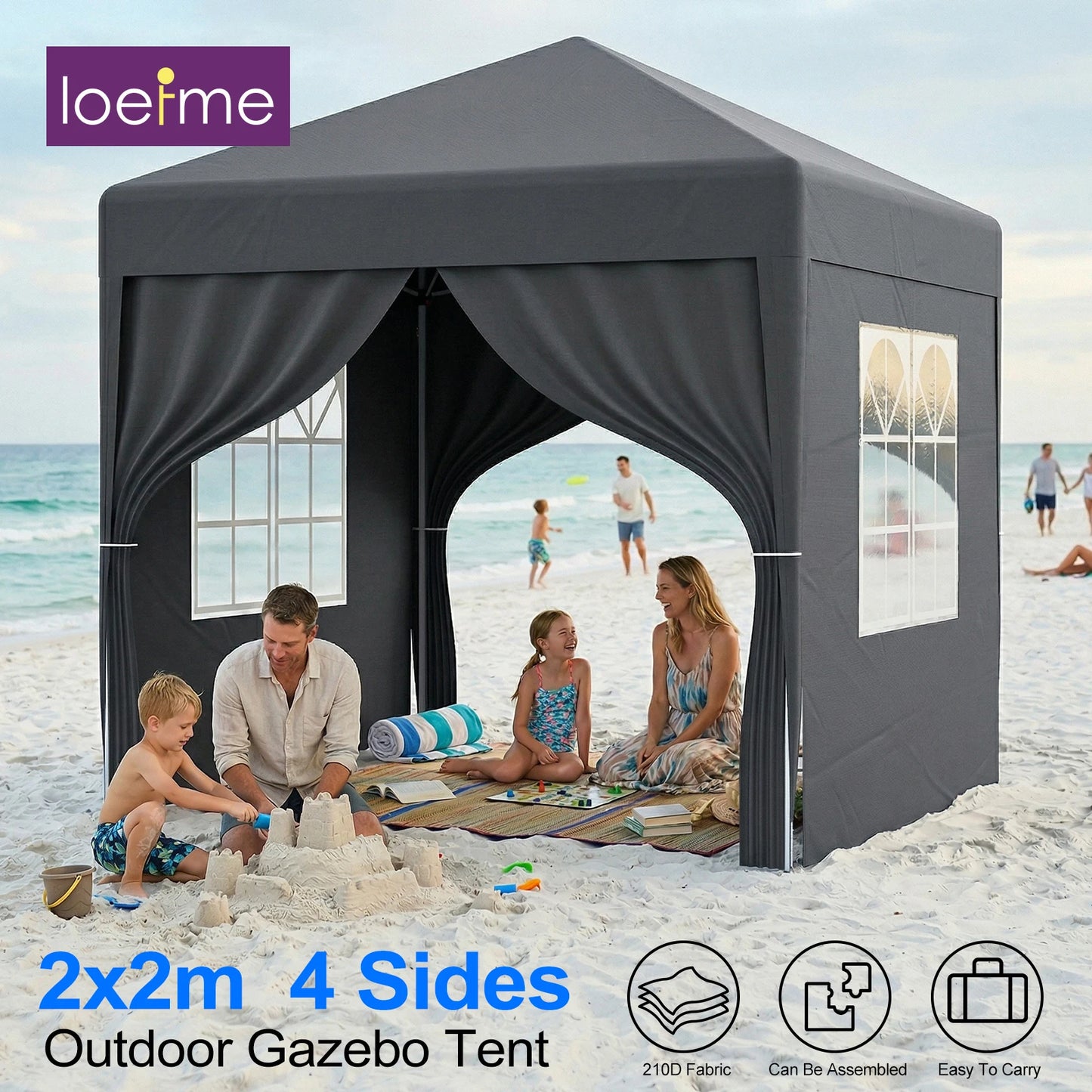 LOEFME 2x2M Pop Up Gazebo Waterproof Windproof Portable Outdoor Canopy Sun Shelter Removable 4 Sides Cloths Garden Camping Tent