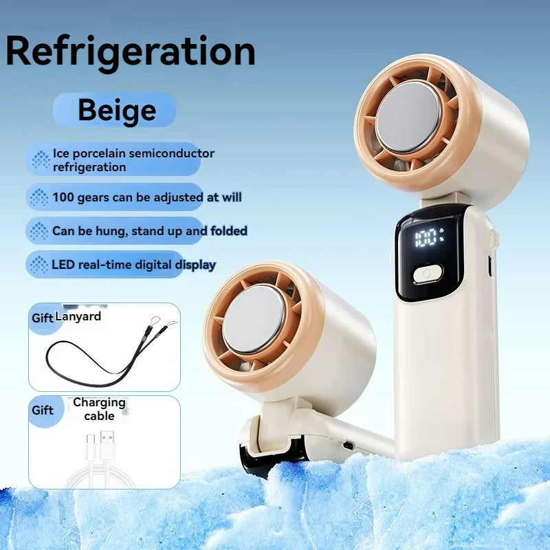 2025 Hanging Ice Pack Handheld High-speed Fan Folding 100 Speed Infinitely Adjustable Fan Portable For Outdoor Neck