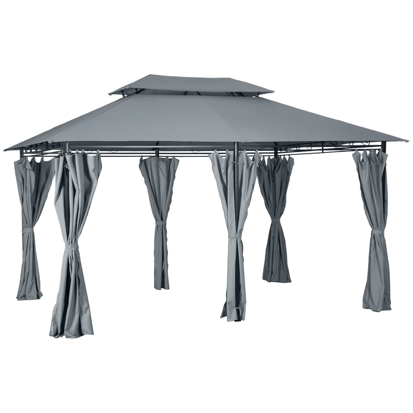 Outsunny 4m x 3(m)Garden Gazebo, Double Roof Outdoor Gazebo Canopy Shelter with Curtains, Solid Steel Frame