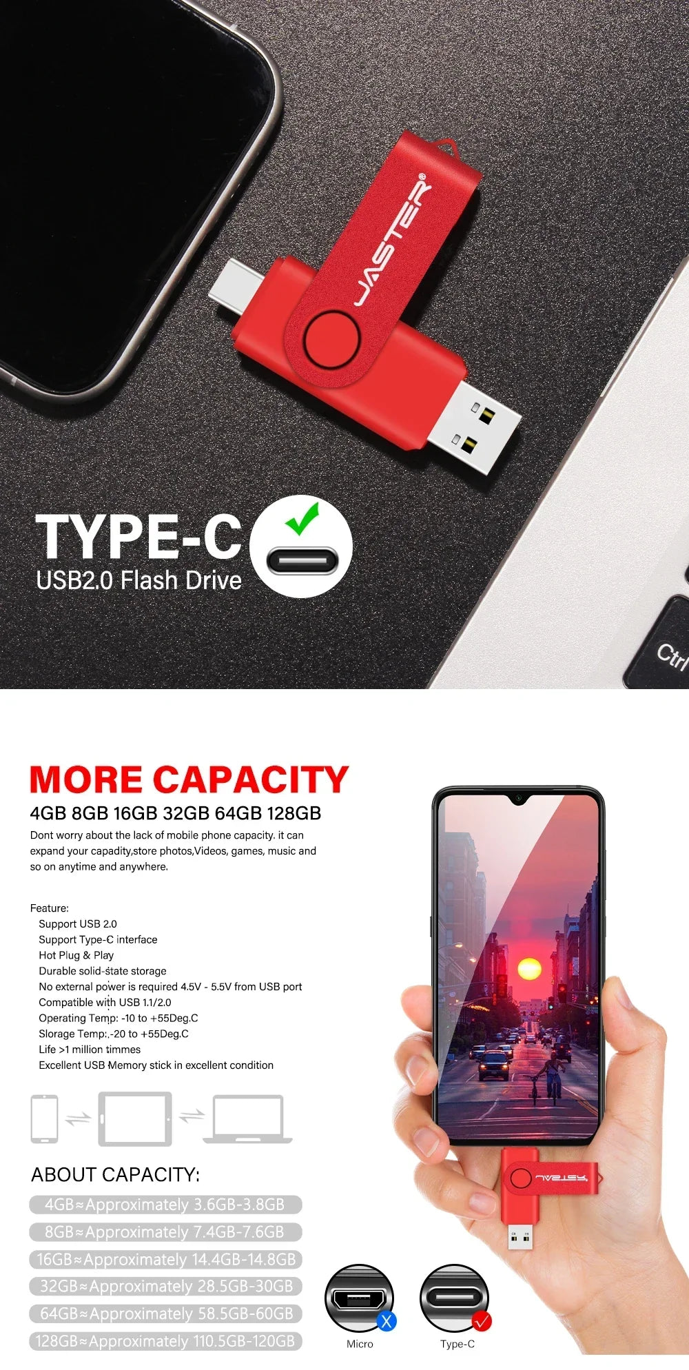 Multifunctional OTG 2 IN 1 Type-c USB Flash Drive Pendrive 128GB Cle Usb Флэш-накопител Stick 32/64 GB Pen Drive for Phone