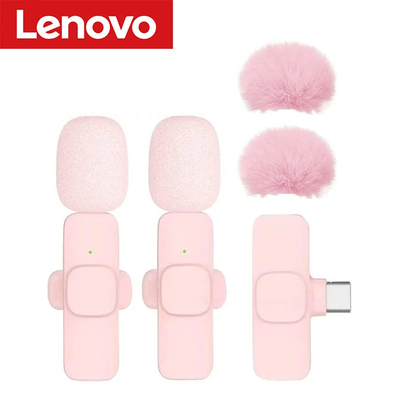 Lenovo Pink Wireless Lavalier Microphone for iPhone Android PC Live Gaming Phone Portable Audio Video Recording Vlog Microphone