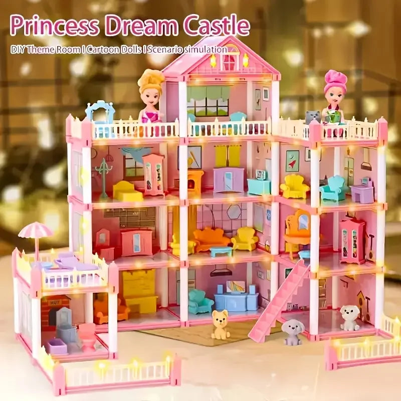 Girl Doll House Toy 3d Assembly Dollhouse Diy Mini Toy Accessories Villa Princess Pink Castle Children Pretend Birthday Gift