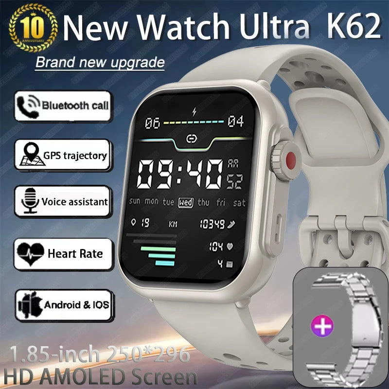 Watch Ultra K62 Men Women 1000mAh AMOLED 100+Sport Heart Rate HD Bluetooth Call GPS Track Waterproof Smart Watch For iOS Android