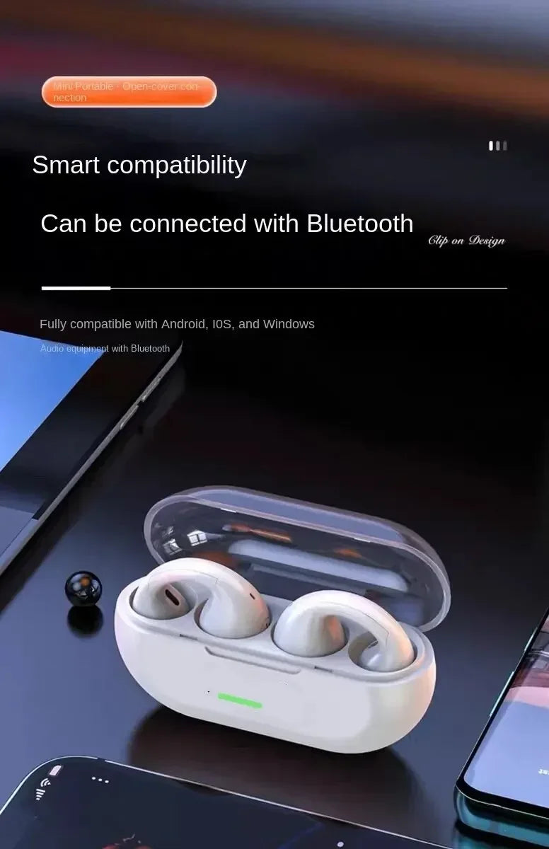 TWS Bluetooth Wireless Headphones Clip Ear Music Noise Canceling Headset HD Call Sports Gaming Earphones for all smartphones