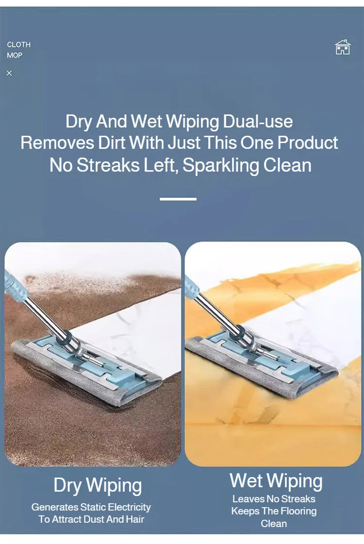 Lazymen Steel Clamp Flat Mop No Hand Wash Needed Floor Cleaning Tool Home Use Stainless Steel Pole Fine Fiber Cloth Dust Pusher