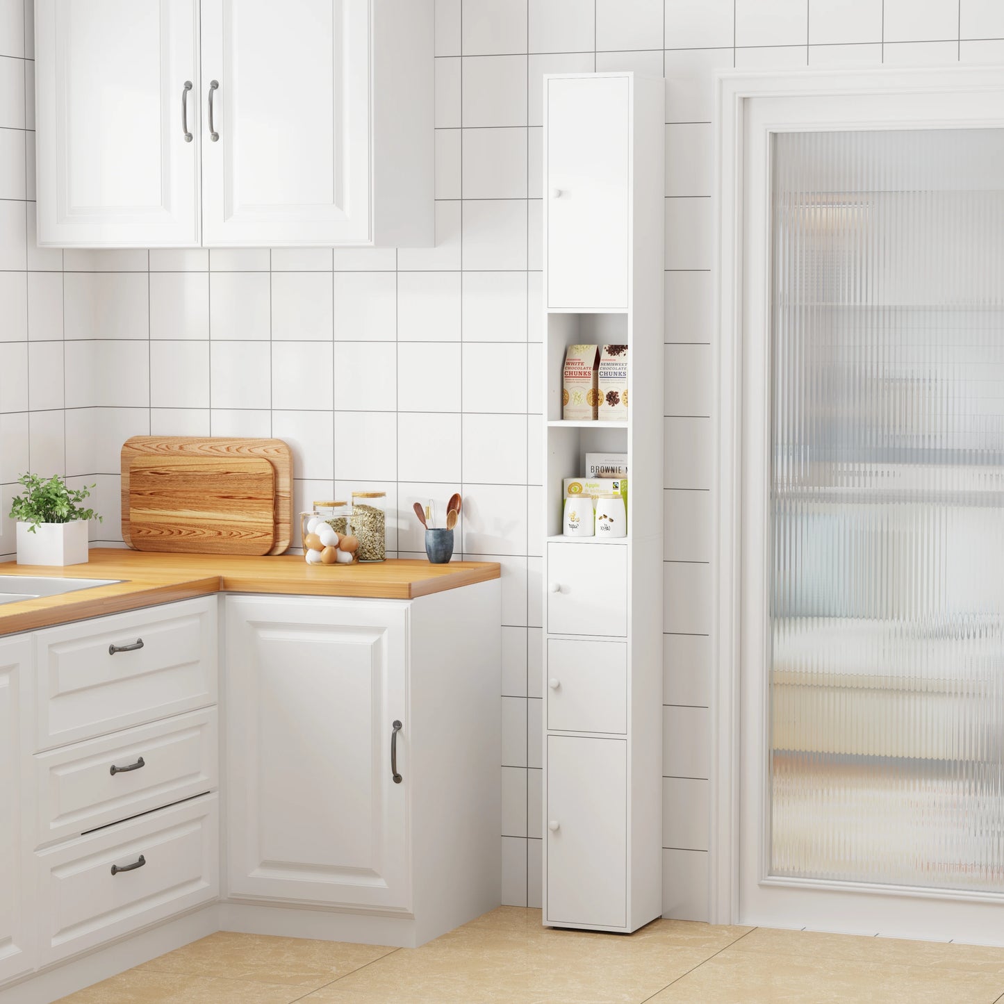 BonChoice Tall&Slim Bathroom Cabinet with 4 Doors&2 Open Shelves, Slim Bathroom Storage Cabinet Unit Narrow Cupboard